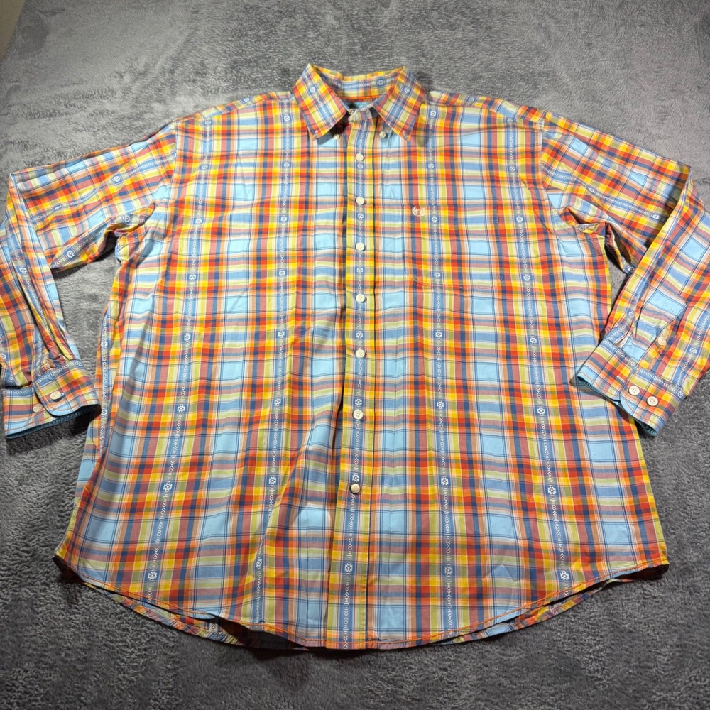 Panhandle Rough Stock Mens XL Plaid Western Button Down Shirt Orange Blue Stripe